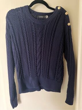 Ralph Lauren black label Navy Cable Knit Shoulder- Gold Button Sweater Large